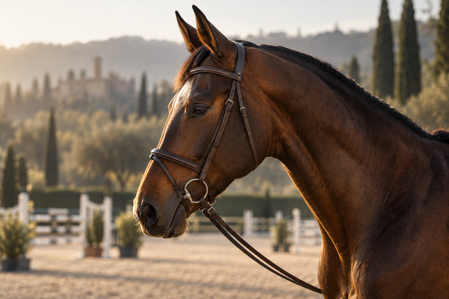 Ritratto illustrativo di un cavallo baio nella luce del mattino